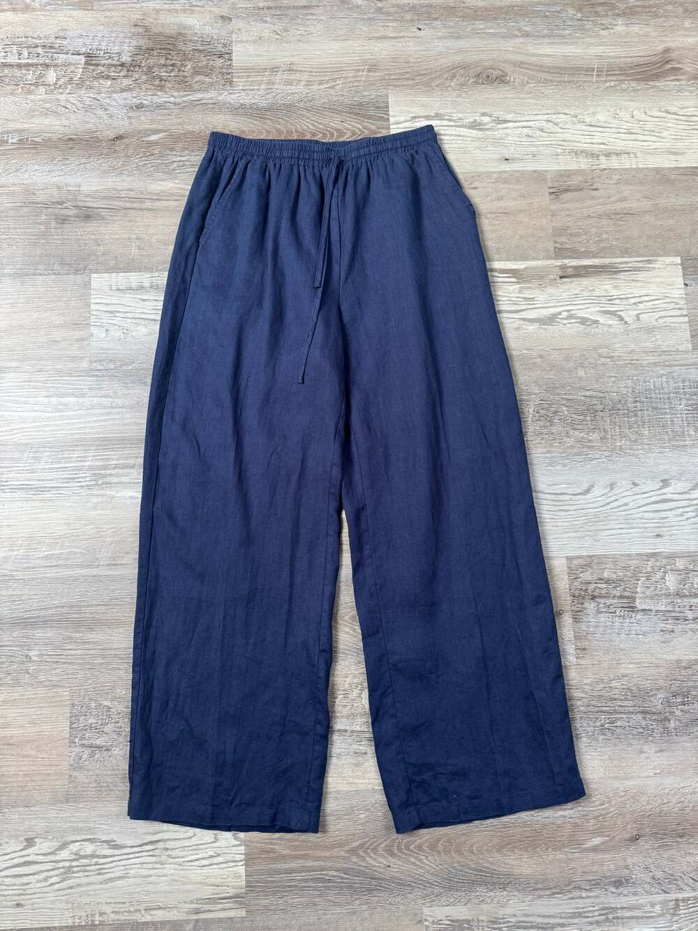 Lintico 100% Linen Navy Wide Leg Drawstring Pull On Pants Coastal Minimalist M